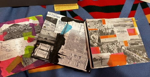 Close up of collages created by art students focusing on the Japanese Internment Camps at Tule Lake